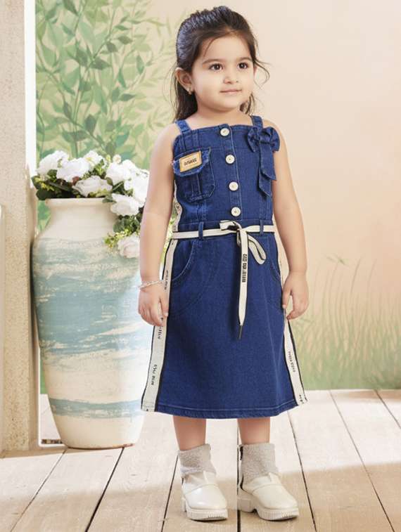 girls solid shoulder strap denim straight dress