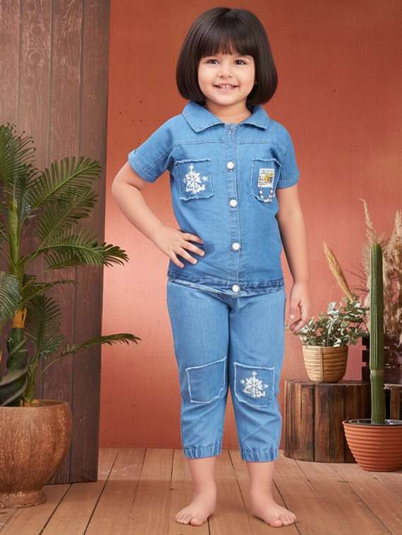 girls solid denim top & trouser co-ord set
