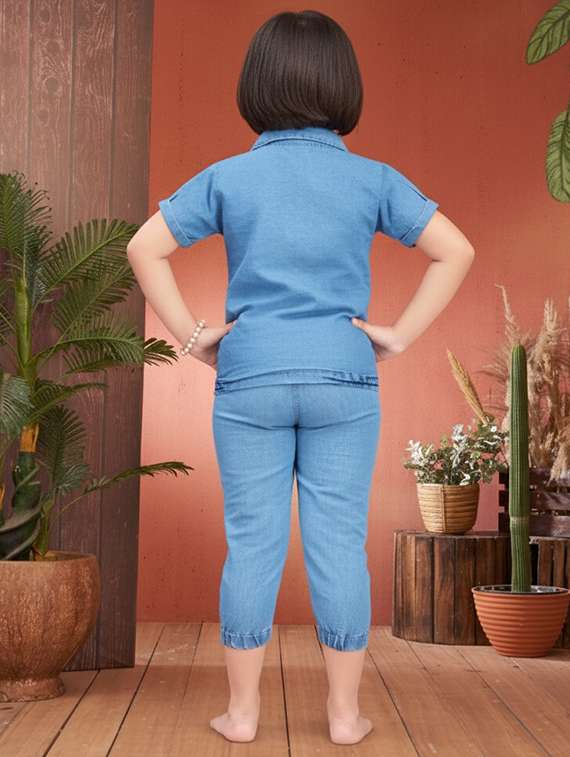 girls solid denim top & trouser co-ord set - 22280283 -  Standard Image - 3