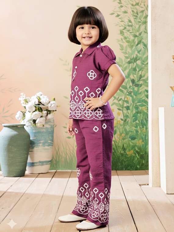 girls solid with work short sleeve top & palazzo co-ord set - 22280313 -  Standard Image - 3