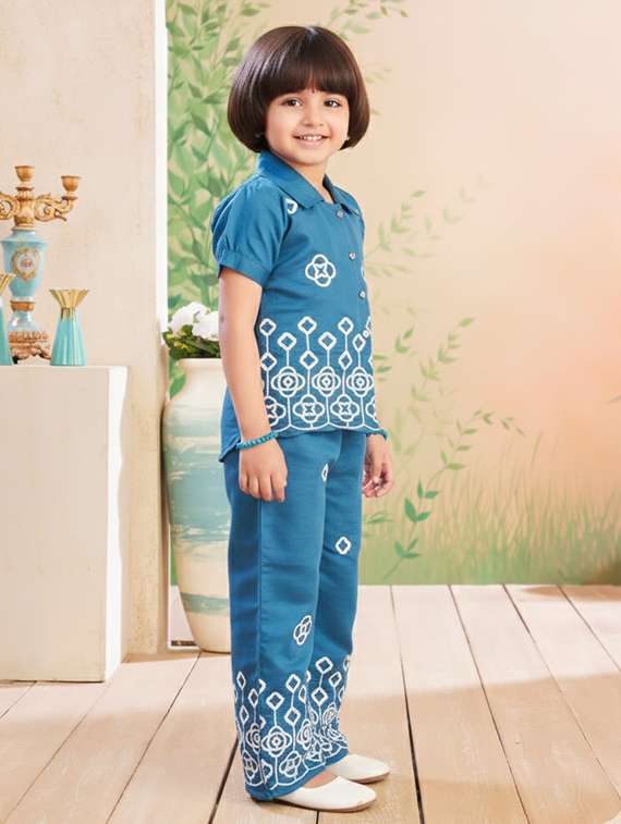 girls solid with work short sleeve top & palazzo co-ord set - 22280315 -  Standard Image - 3