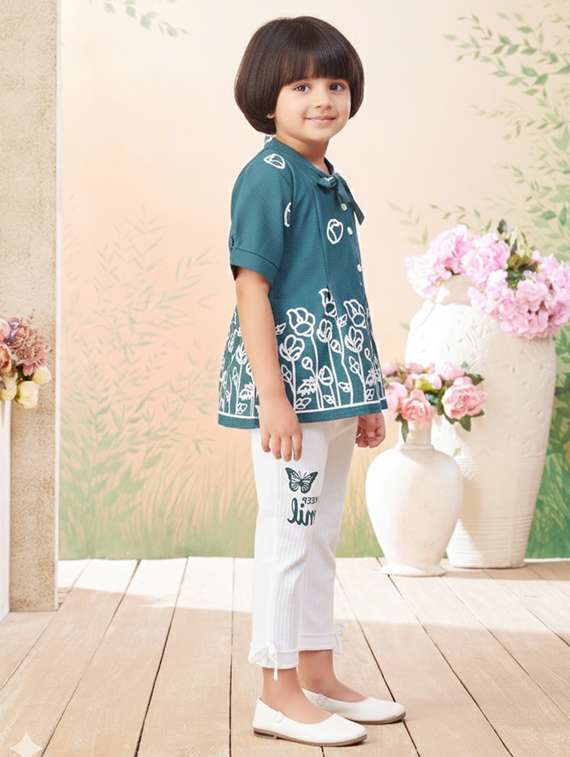 girls solid with work short sleeve top & trouser co-ord set - 22280323 -  Standard Image - 3