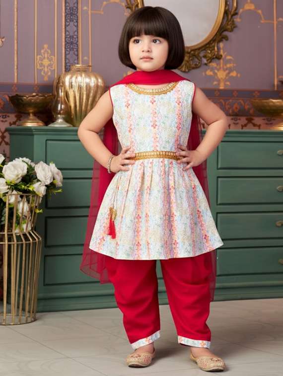 girls printed kurta and salwar with dupatta set