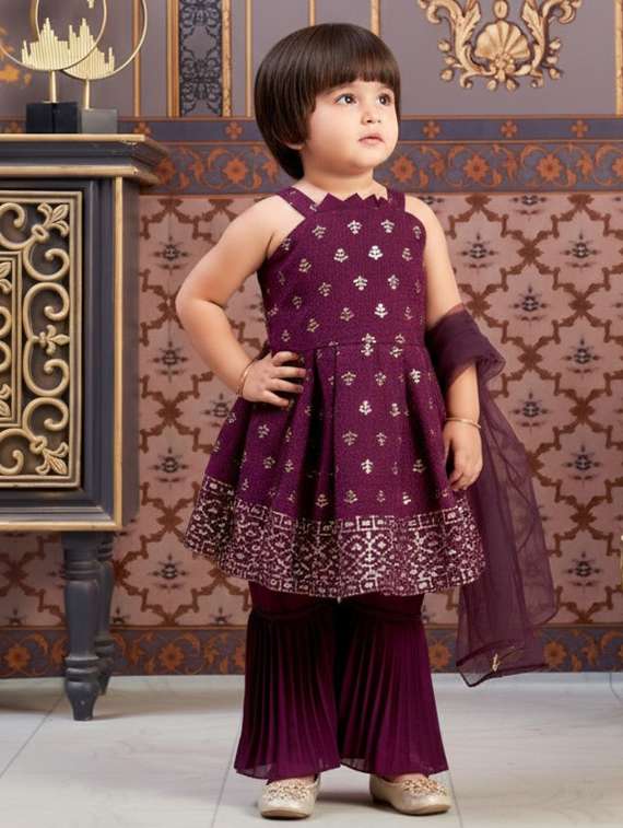 girls printed kurta and sharara with dupatta set