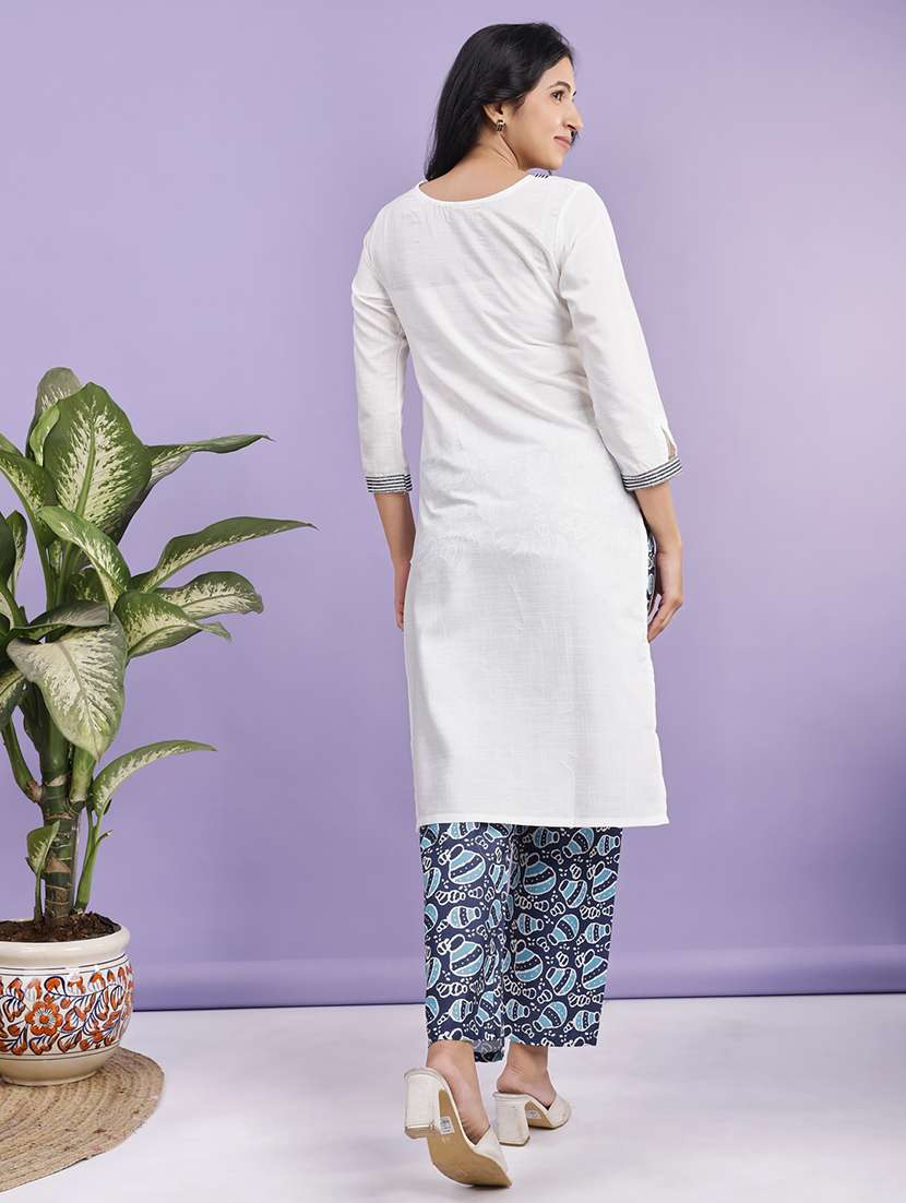 women solid with work three quarter sleeve kurta pant set - 22280383 -  Standard Image - 5