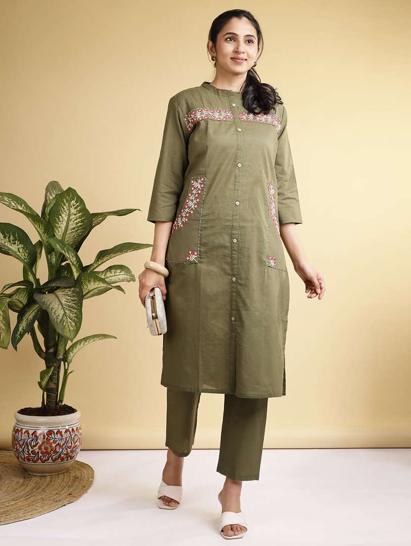 women solid with work three quarter sleeve kurta pant set - 22280385 -  Standard Image - 3