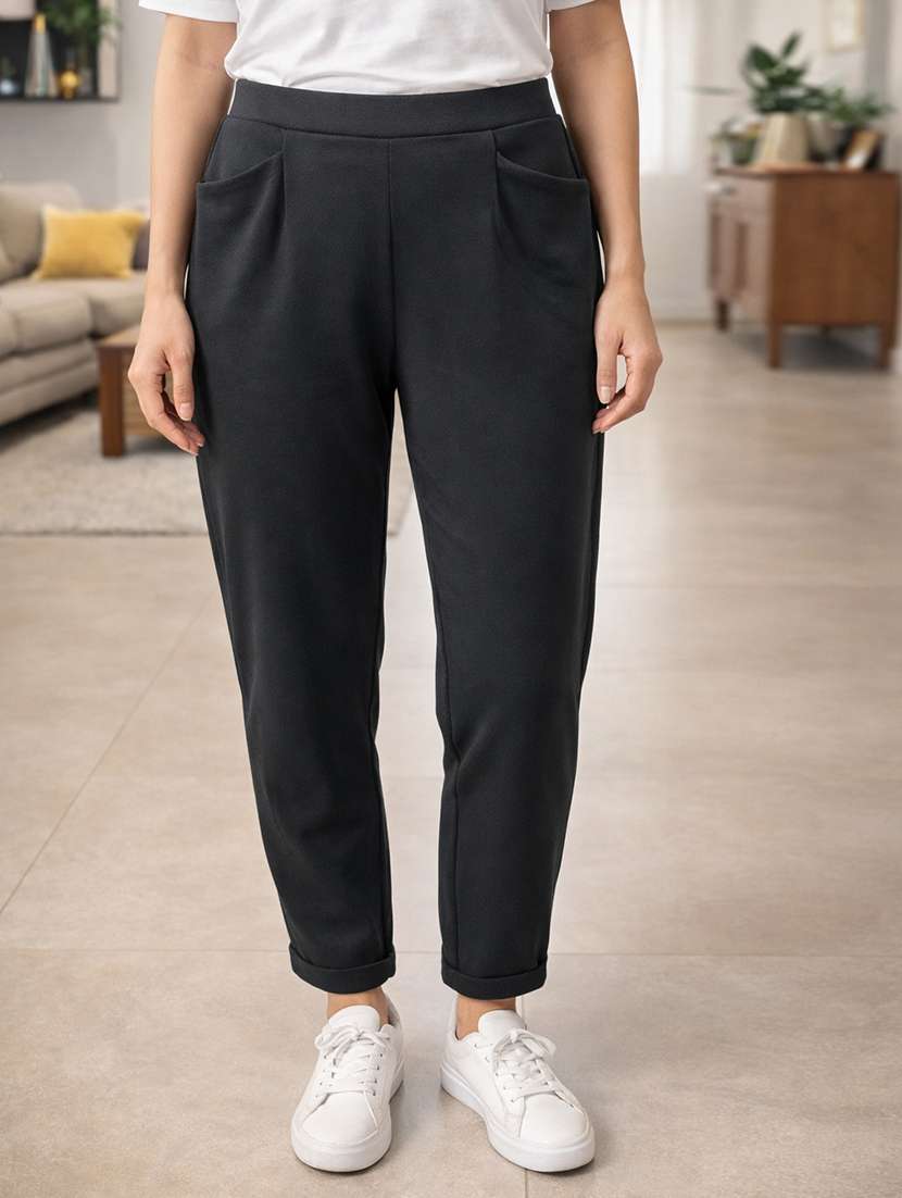 women solid mid rise regular track pant