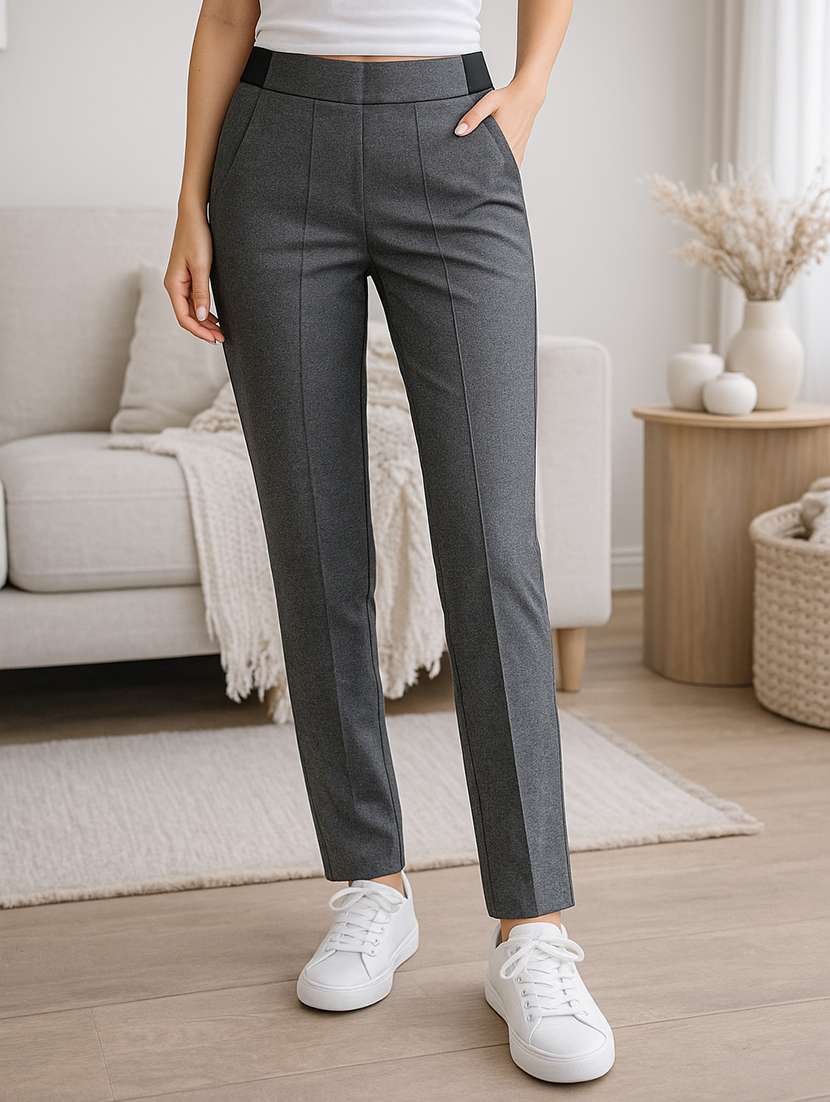 women solid high rise cigarette pants