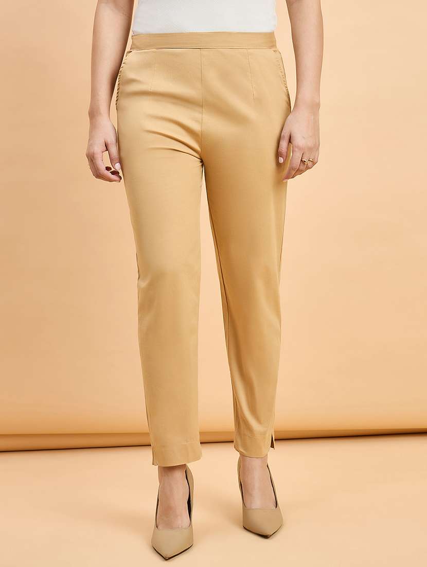 women solid mid rise cigarette pants