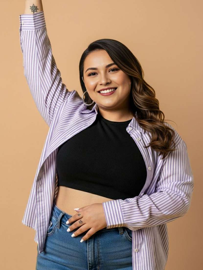 women plus size striped collared long sleeve shirt - 22280417 -  Standard Image - 3