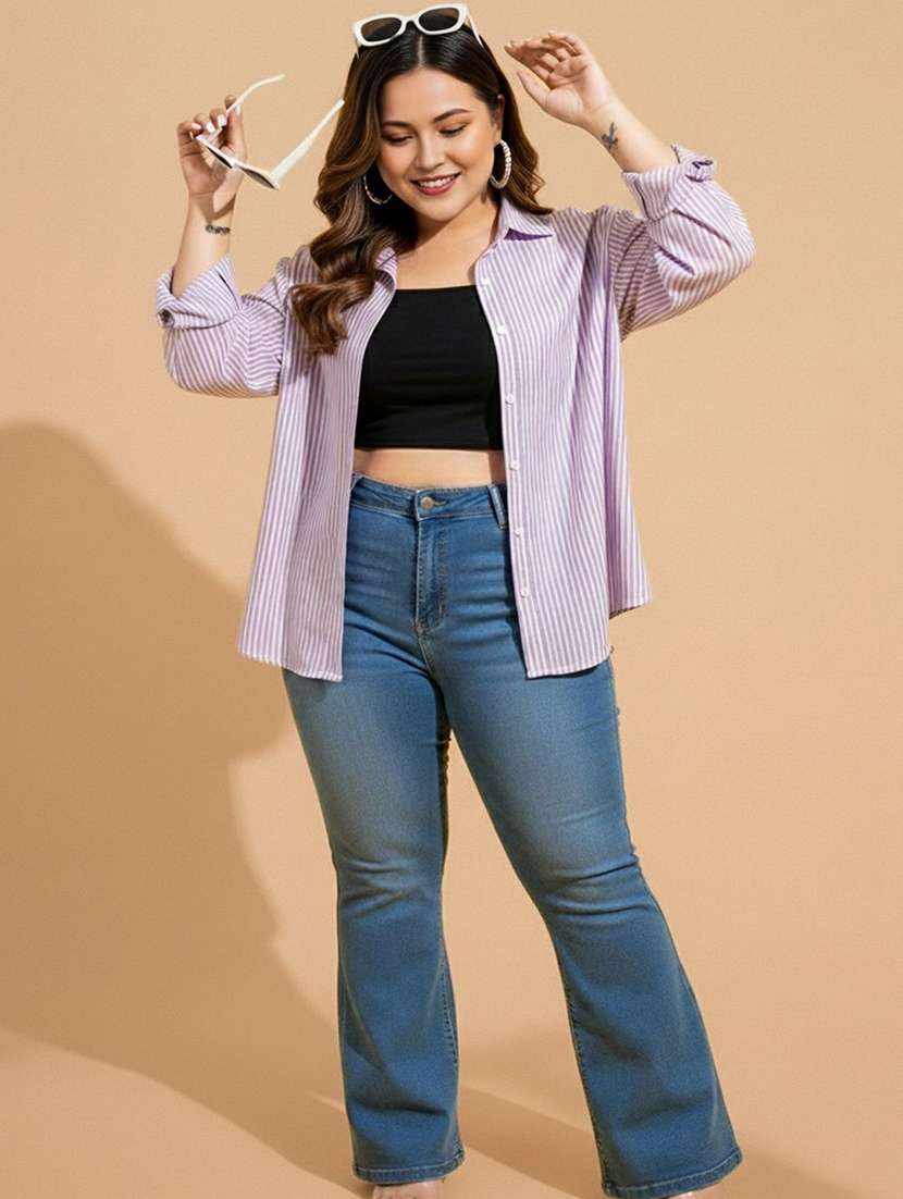 women plus size striped collared long sleeve shirt - 22280417 -  Standard Image - 5