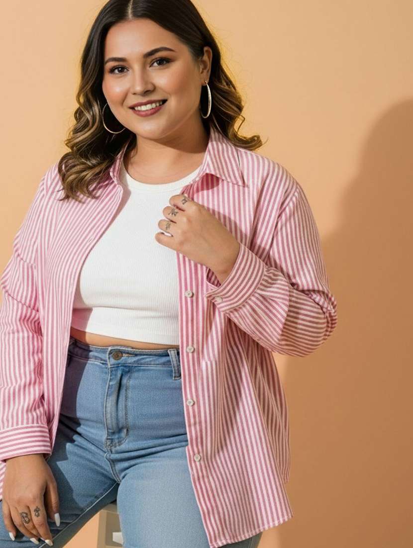 women plus size striped collared long sleeve shirt