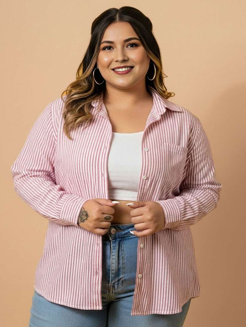 women plus size striped collared long sleeve shirt - 22280419 -  Standard Image - 3