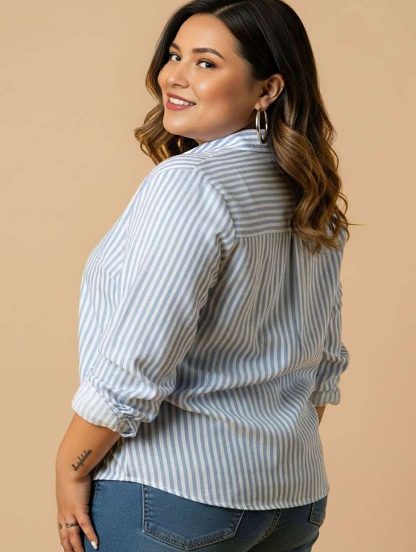 women plus size striped collared long sleeve shirt - 22280420 -  Standard Image - 3