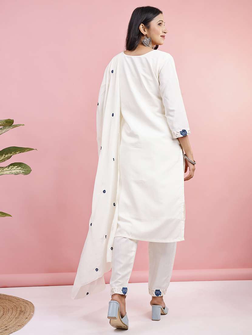 women solid with work three quarter sleeve kurta pant with dupatta set - 22280443 -  Standard Image - 5