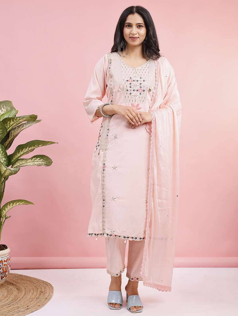 women solid with work three quarter sleeve kurta pant with dupatta set