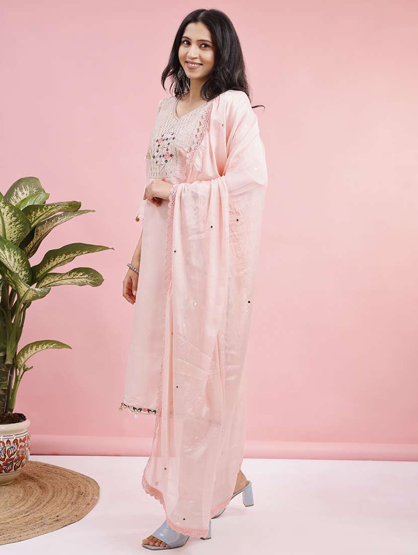 women solid with work three quarter sleeve kurta pant with dupatta set - 22280444 -  Standard Image - 3