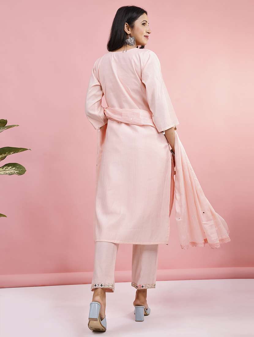 women solid with work three quarter sleeve kurta pant with dupatta set - 22280444 -  Standard Image - 5