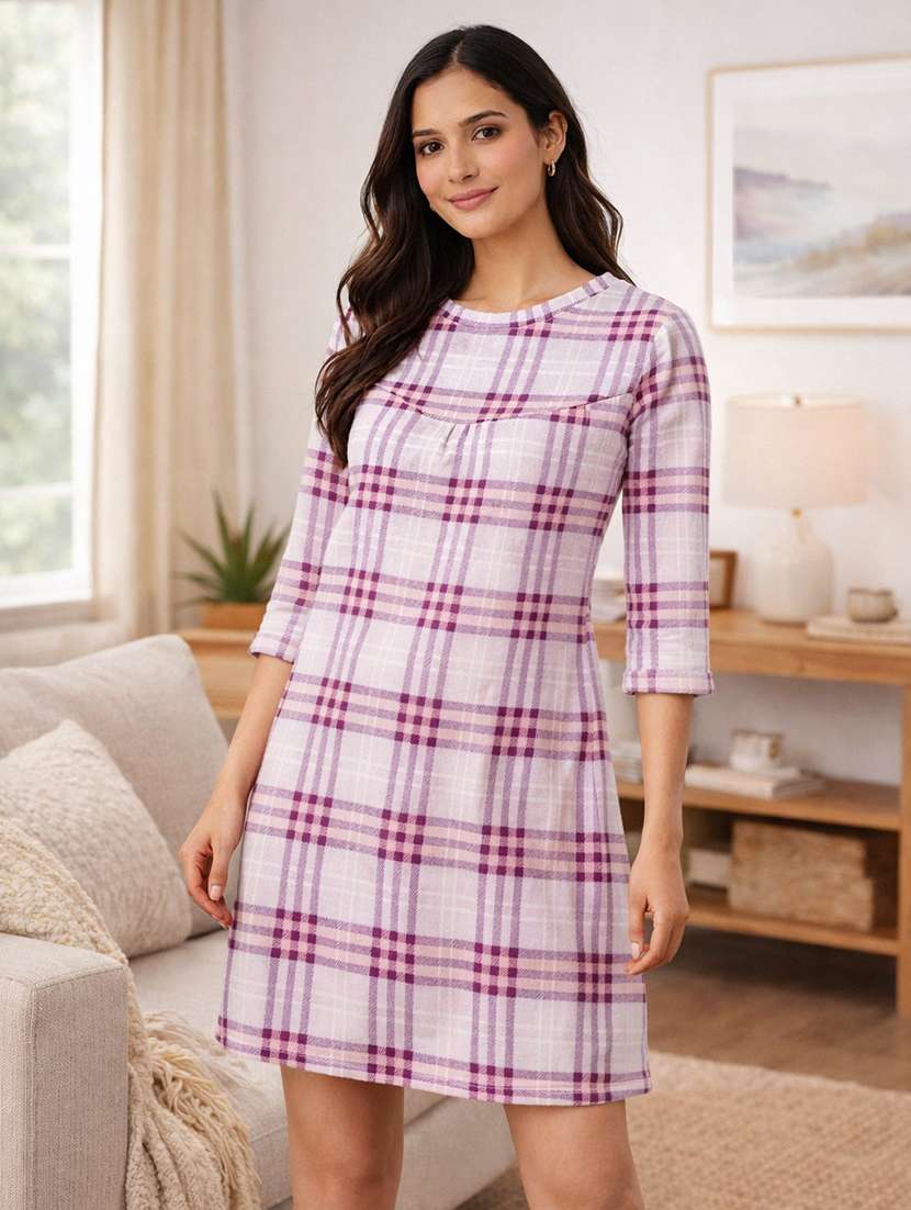 women checkered three quarter sleeve sleepshirt