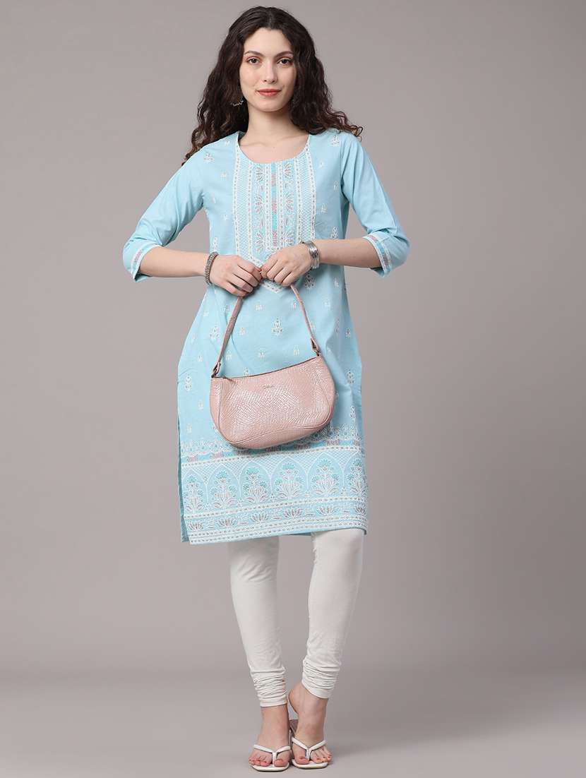 women embroidered three quarter sleeves straight kurta