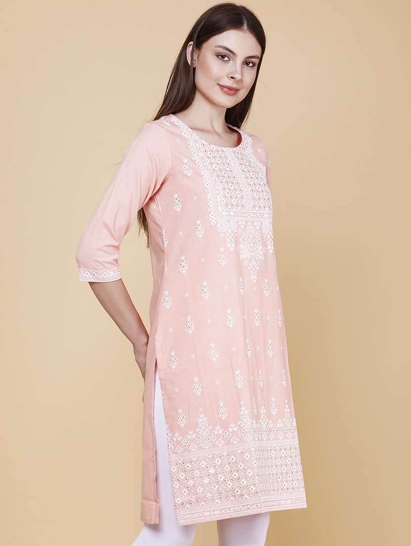 Women Printed Three Quarter Sleeves Straight Kurta - 22280576 -  Standard Image - 3