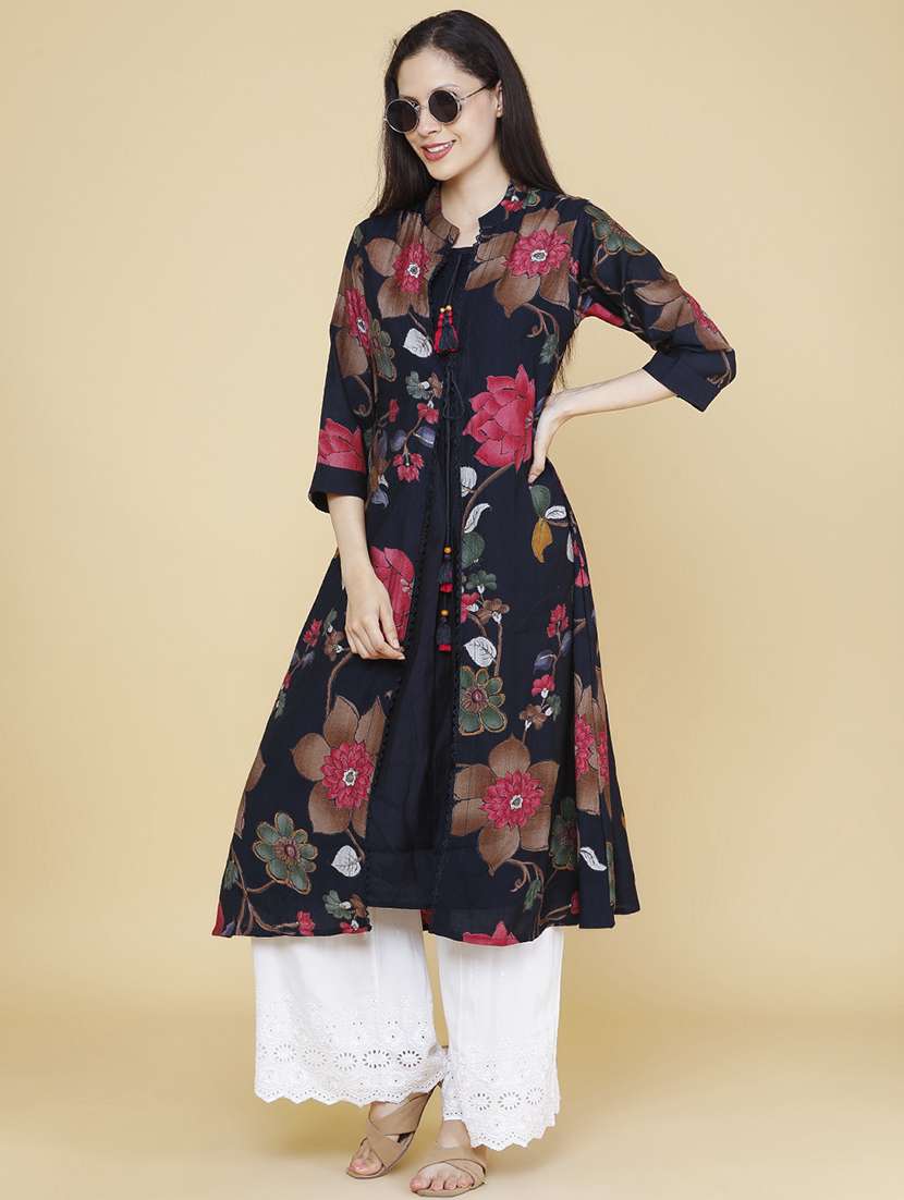 women printed three quarter sleeve a-line kurta