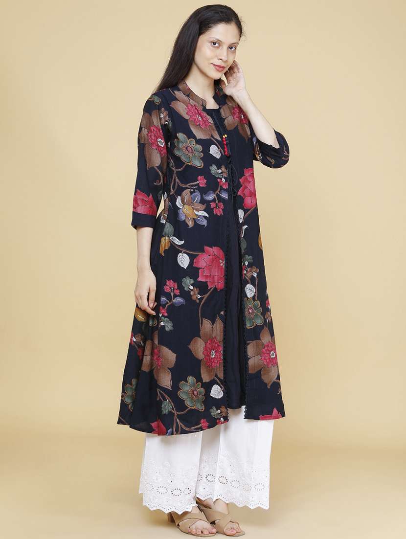 Women Printed Three Quarter Sleeve A-line Kurta - 22280587 -  Standard Image - 3