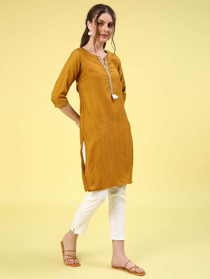 mustard cotton straight kurta - 22280589 -  Standard Image - 3