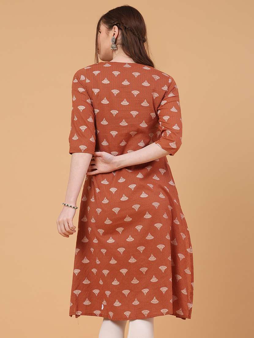 women printed three quarter sleeve a-line kurta - 22280591 -  Standard Image - 3