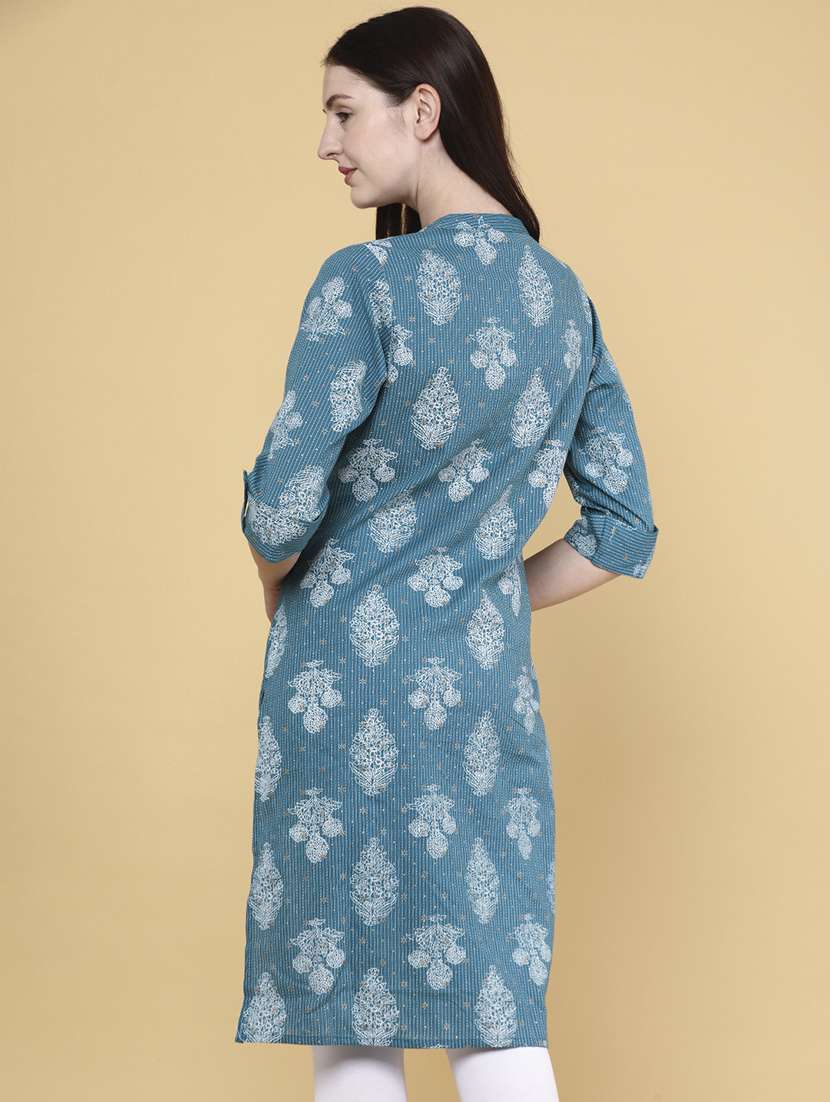 women teal cotton straight kurta - 22280592 -  Standard Image - 3