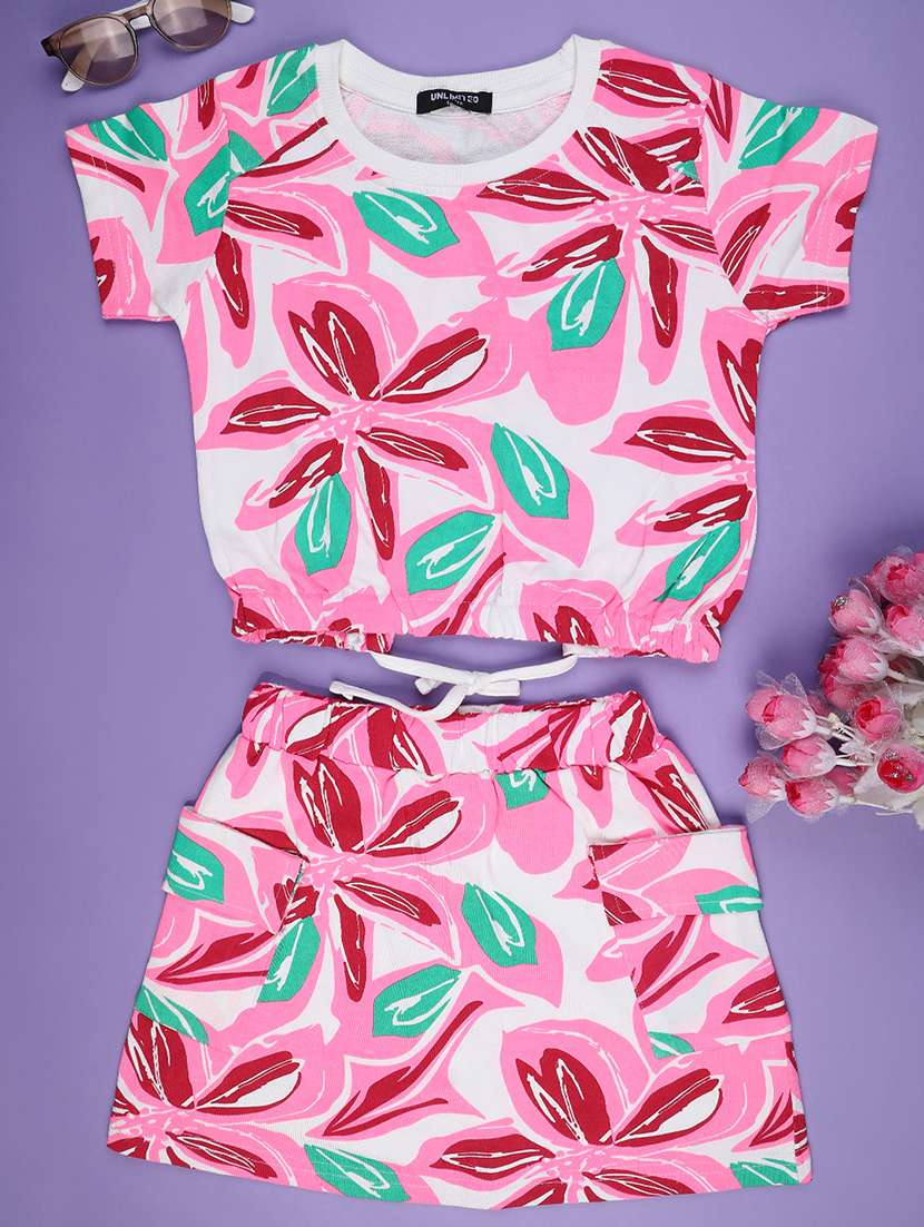 girls printed top and shorts co-ord set