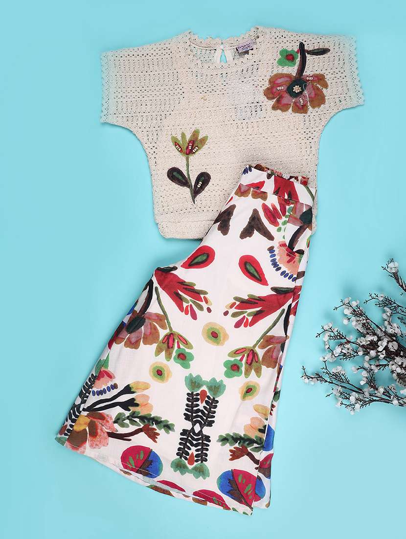 girls self design short sleeve top & trouser co-ord set