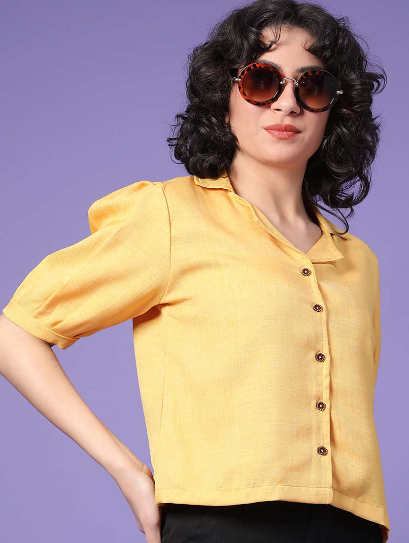women solid puff sleeve crop shirt