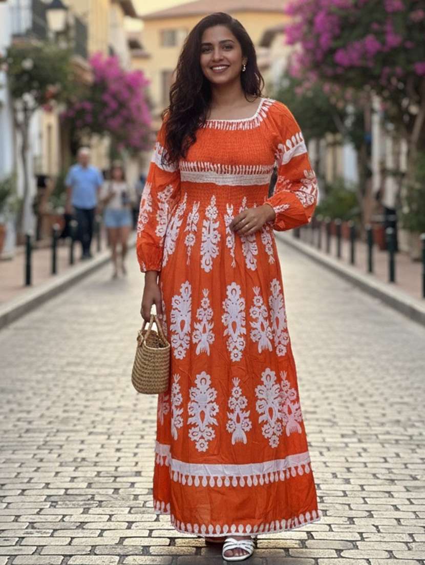 women printed puff sleeve fit & flare dress