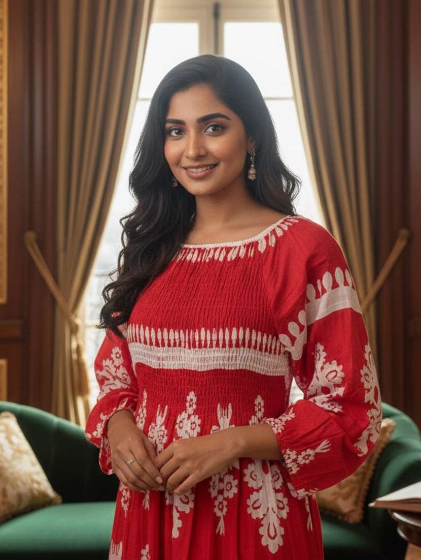 women printed puff sleeve fit & flare dress - 22280741 -  Standard Image - 3