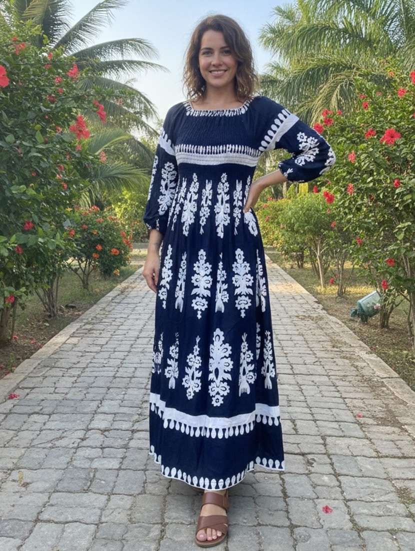 women printed puff sleeve fit & flare dress