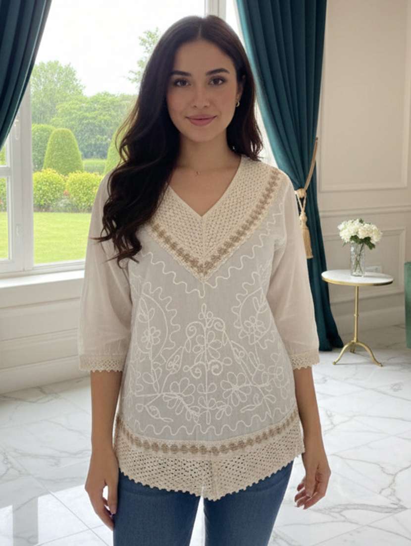 women embroidered three quarter sleeve short kurti