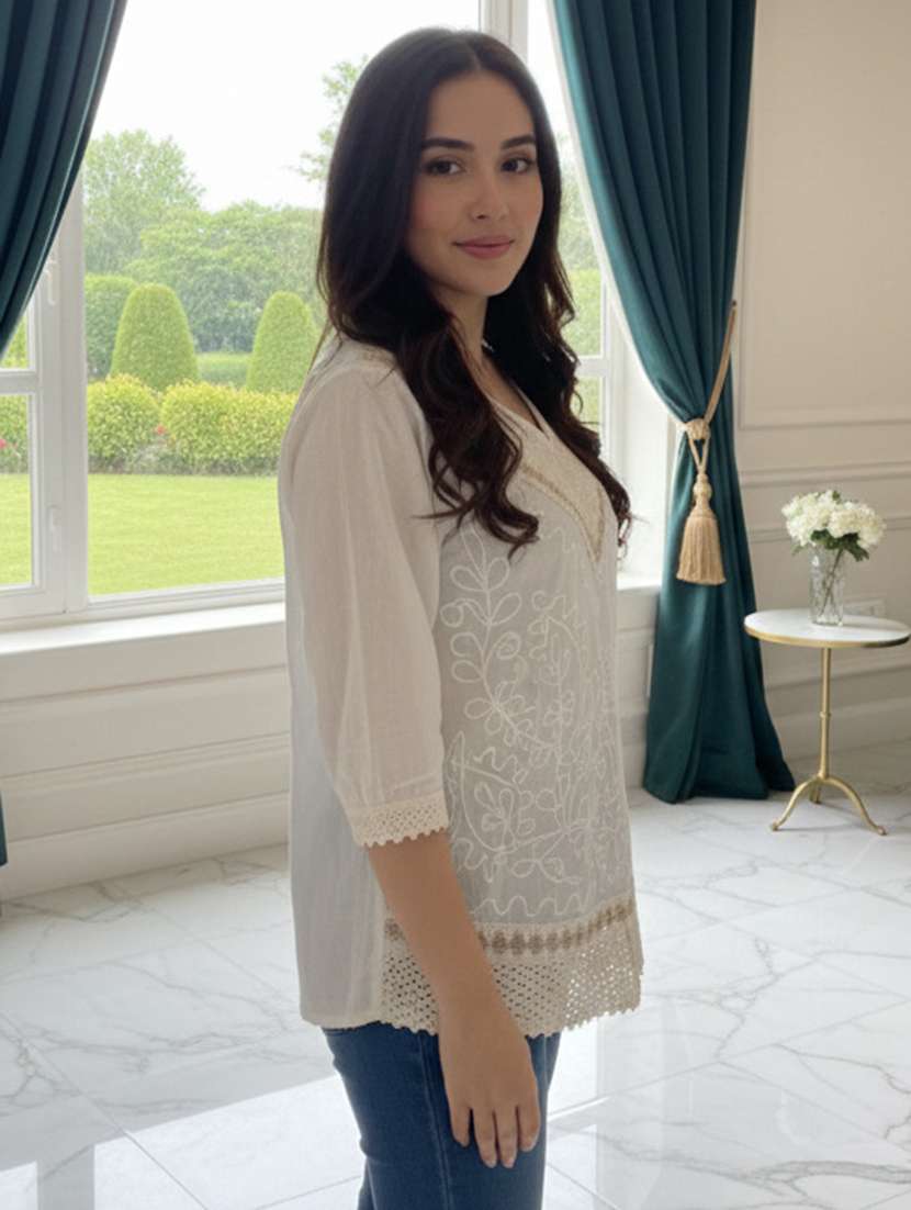 women embroidered three quarter sleeve short kurti - 22280745 -  Standard Image - 3