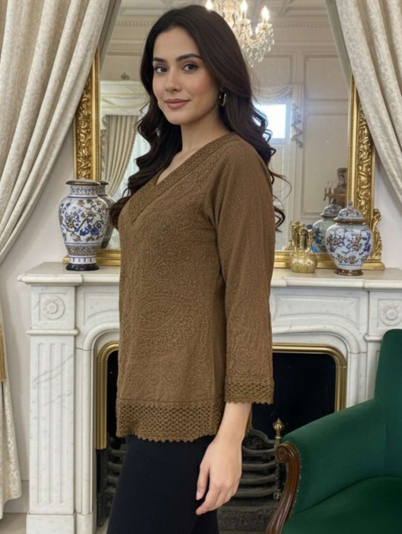 women embroidered three quarter sleeve short kurti - 22280748 -  Standard Image - 3