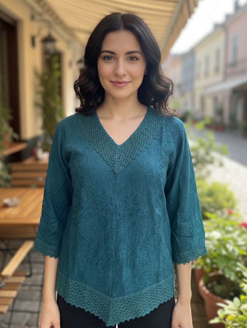 women embroidered three quarter sleeve short kurti