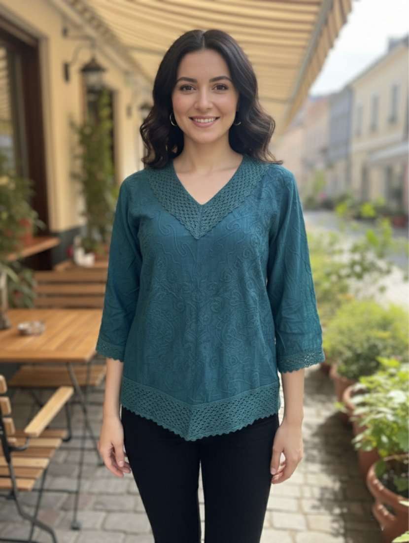 women embroidered three quarter sleeve short kurti