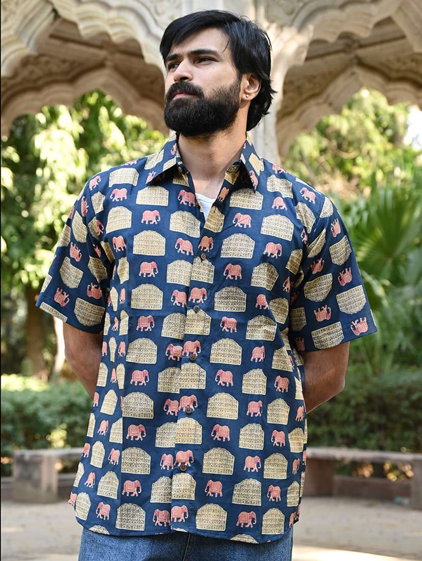 men printed collared short sleeve casual shirt