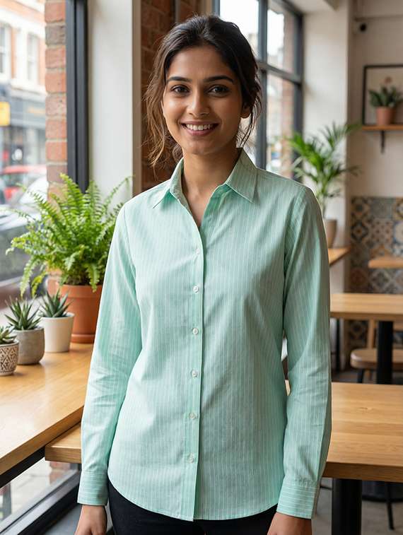 women striped collared long sleeve shirt