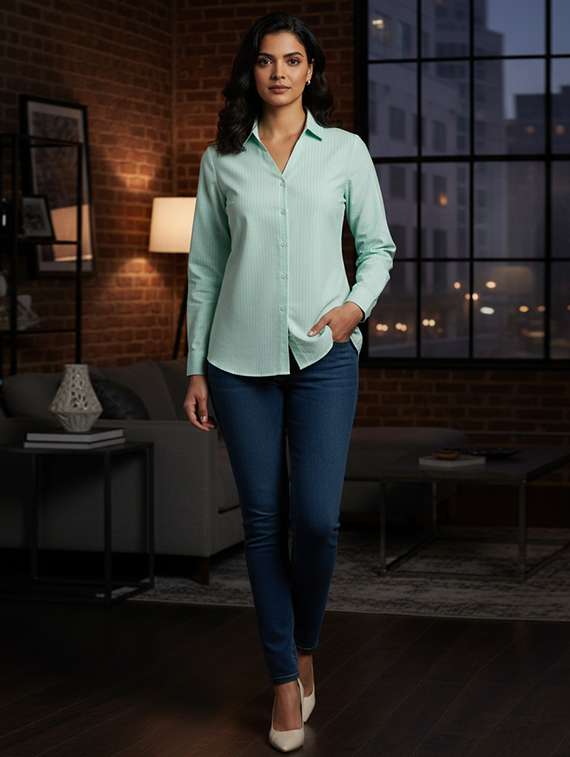 women striped collared long sleeve shirt - 22280802 -  Standard Image - 3