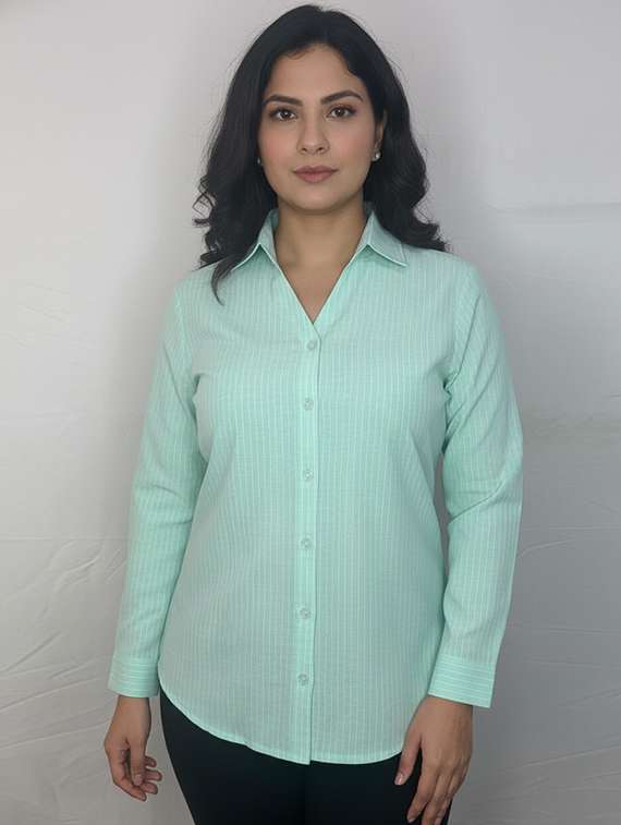 women striped collared long sleeve shirt