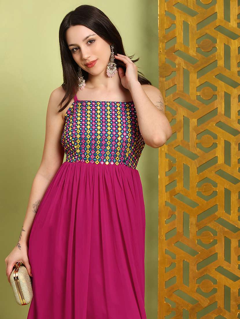 women solid with work shoulder strap fit & flare ethnic dress - 22280952 -  Standard Image - 3