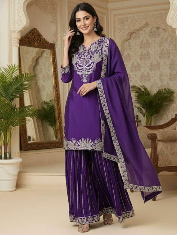 women solid with work three quarter sleeve kurta sharara with dupatta set