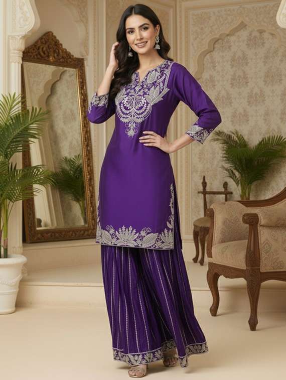 women solid with work three quarter sleeve kurta sharara with dupatta set - 22280953 -  Standard Image - 3