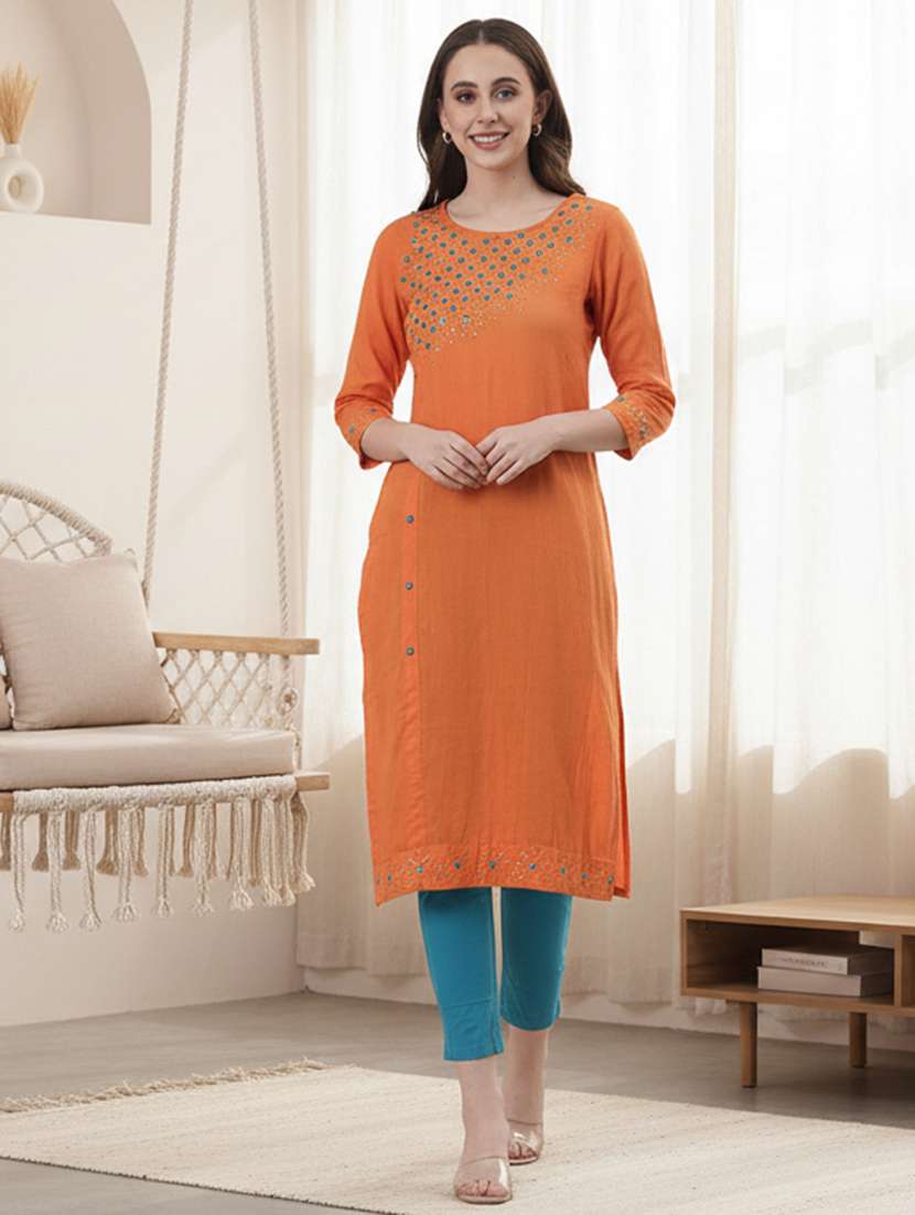 women embroidered three quarter sleeve straight kurta