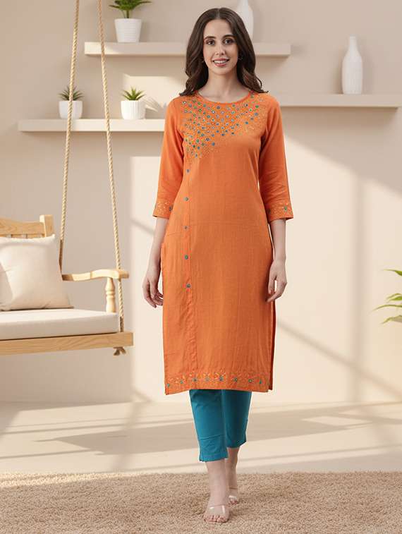 women embroidered three quarter sleeve straight kurta - 22280992 -  Standard Image - 3
